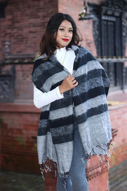 Grey and black Winter Yak Wool shawl with Fringe - Vajracrafts