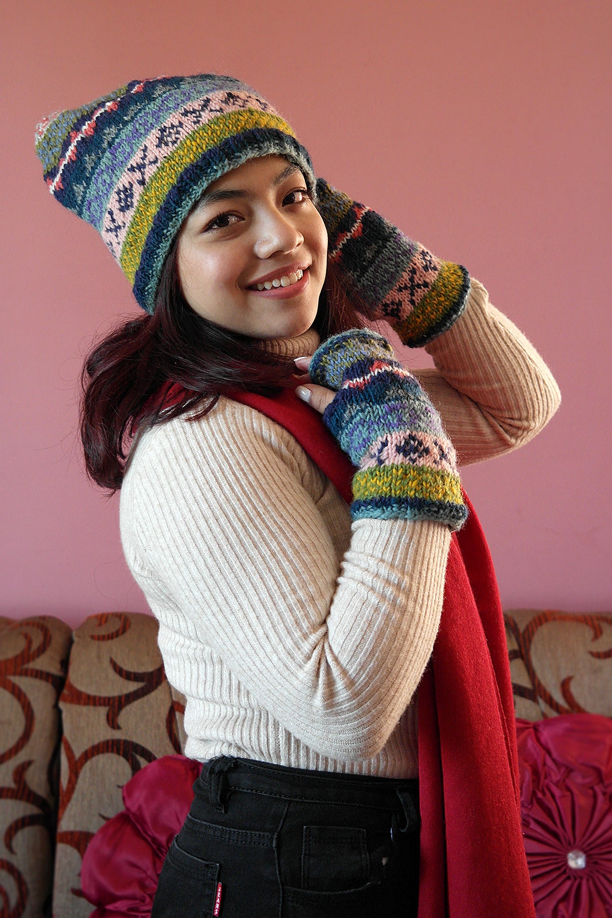 Blue Pink mixed colors Womens Winter Warm Pom Pom Beanie Hat
