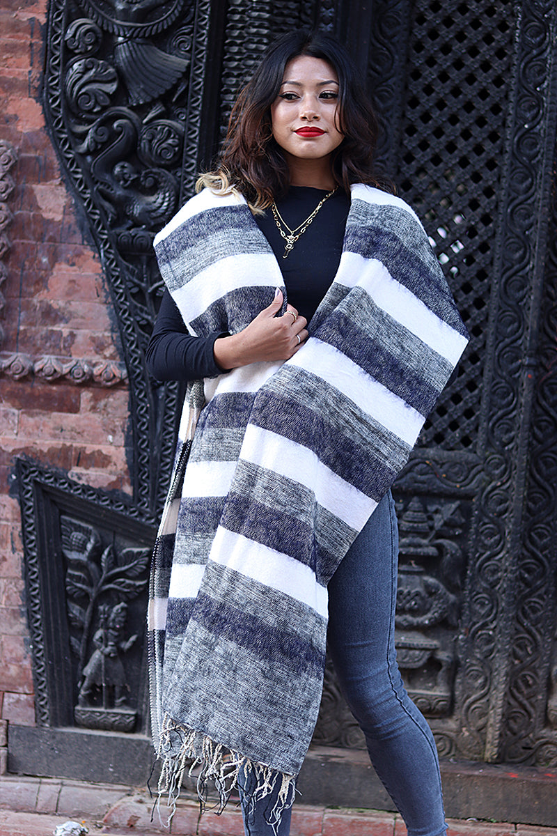 Bright Grey and White Yak Wool Shawl/Oversized Blanket