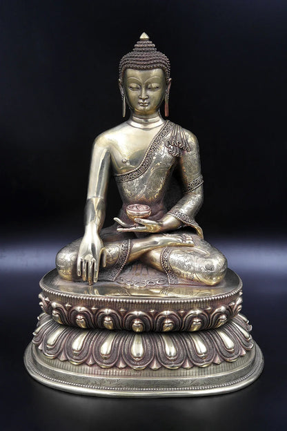 Hand Carved Shakyamuni Buddha Statue double Lotus, 12.5" - Vajracrafts