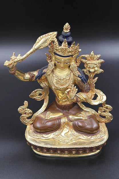 Partly Gold Plated Manjushree Statue, Handmade in Nepal 8" - Vajracrafts