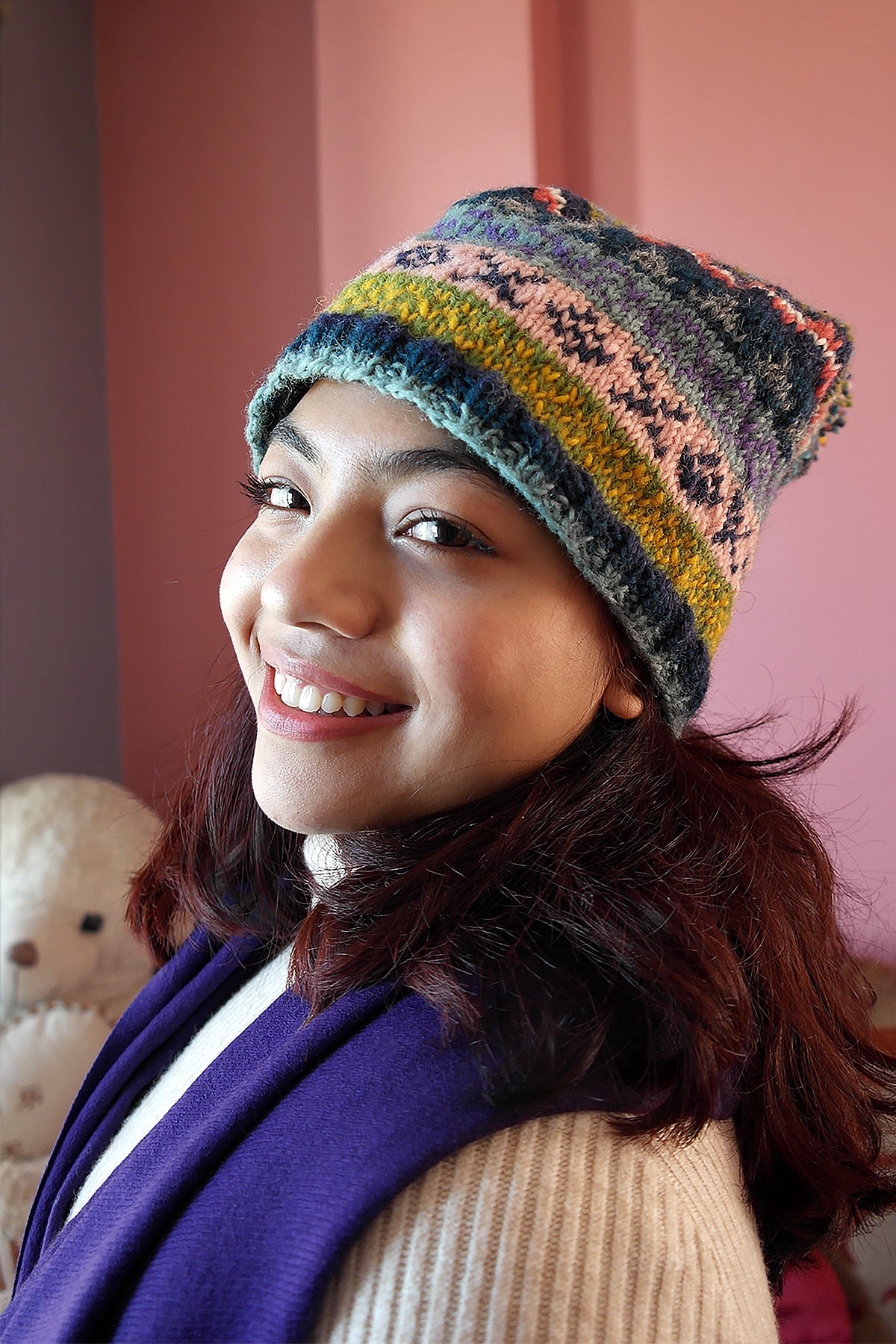 Blue Pink mixed colors Womens Winter Warm Pom Pom Beanie Hat