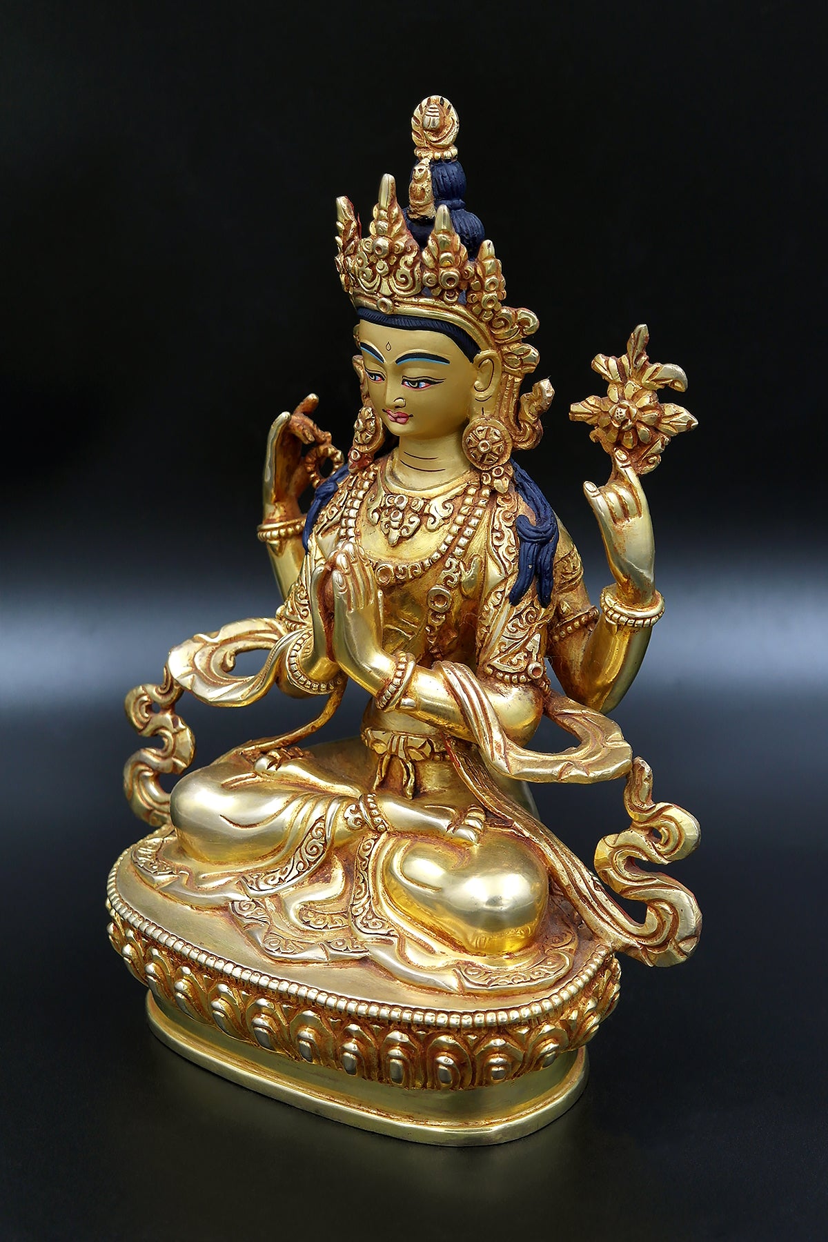 Fully Gold Plated Masterpiece Tibetan Chenrezig Statue 9"