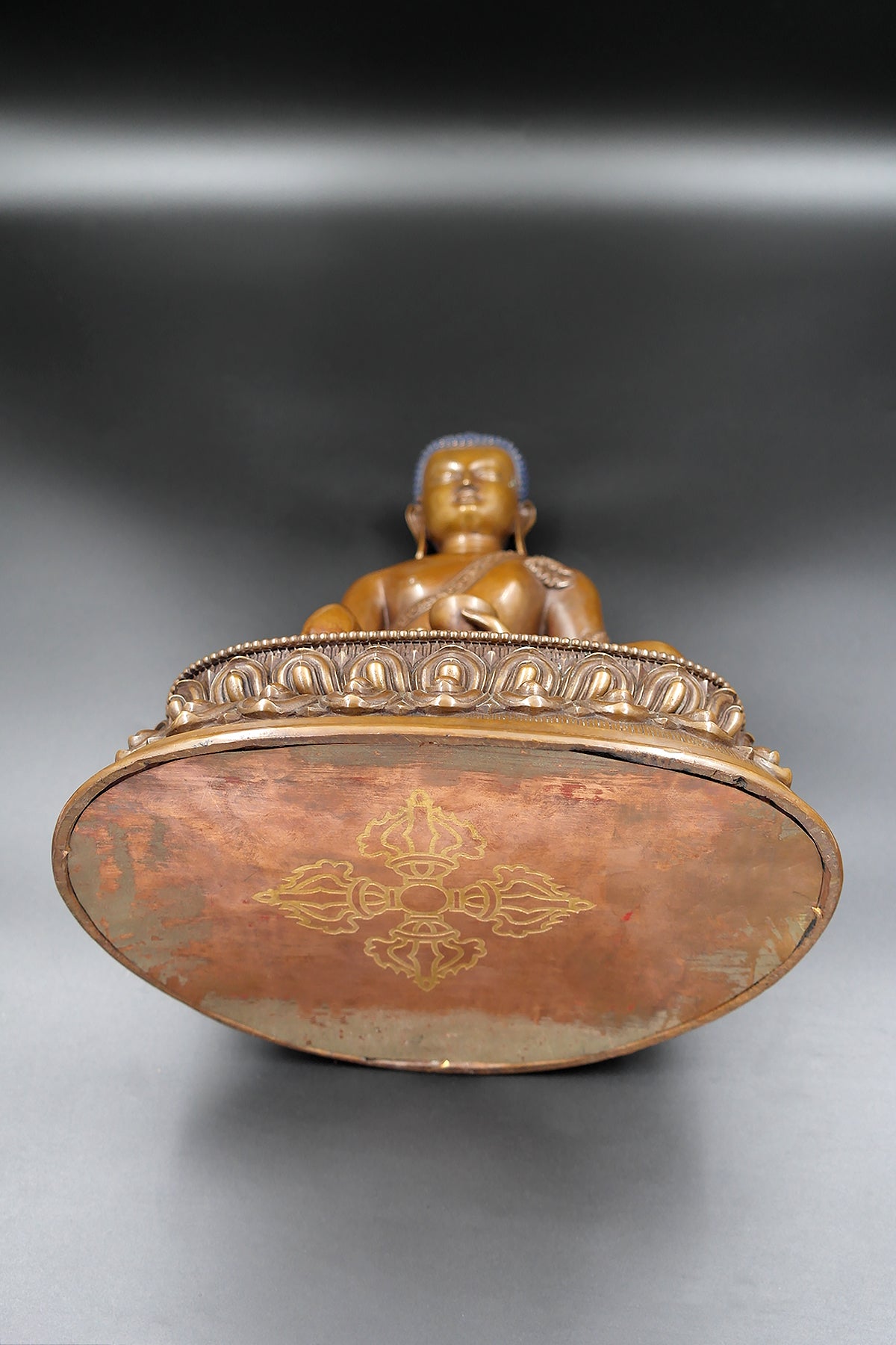 Antiqued Copper Shakyamuni Buddha Statue in double Lotus, 11"