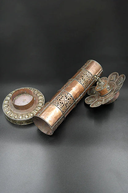 Cylindrical Shape Copper incense burner with Buddha on top 13.5" - Vajracrafts