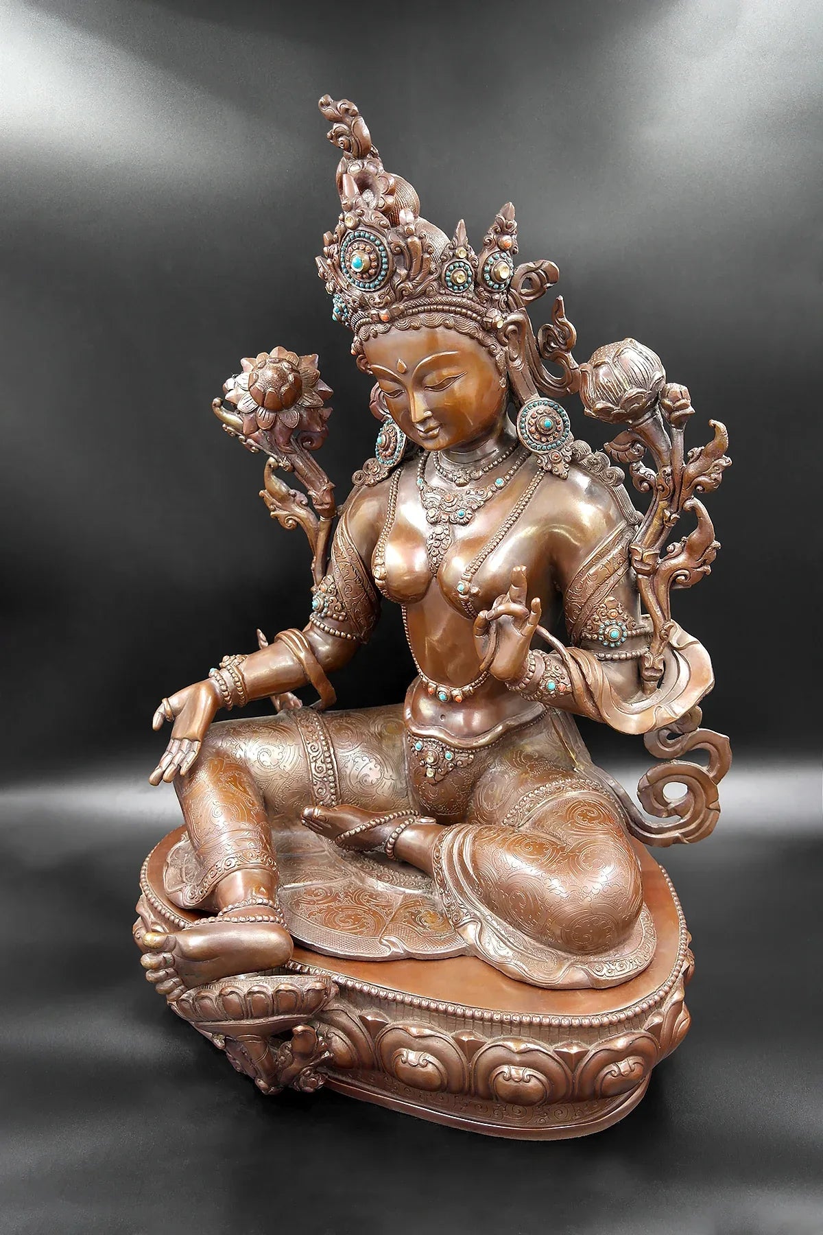 Copper Oxidized Green Tara Statue from Patan 20" - Vajracrafts
