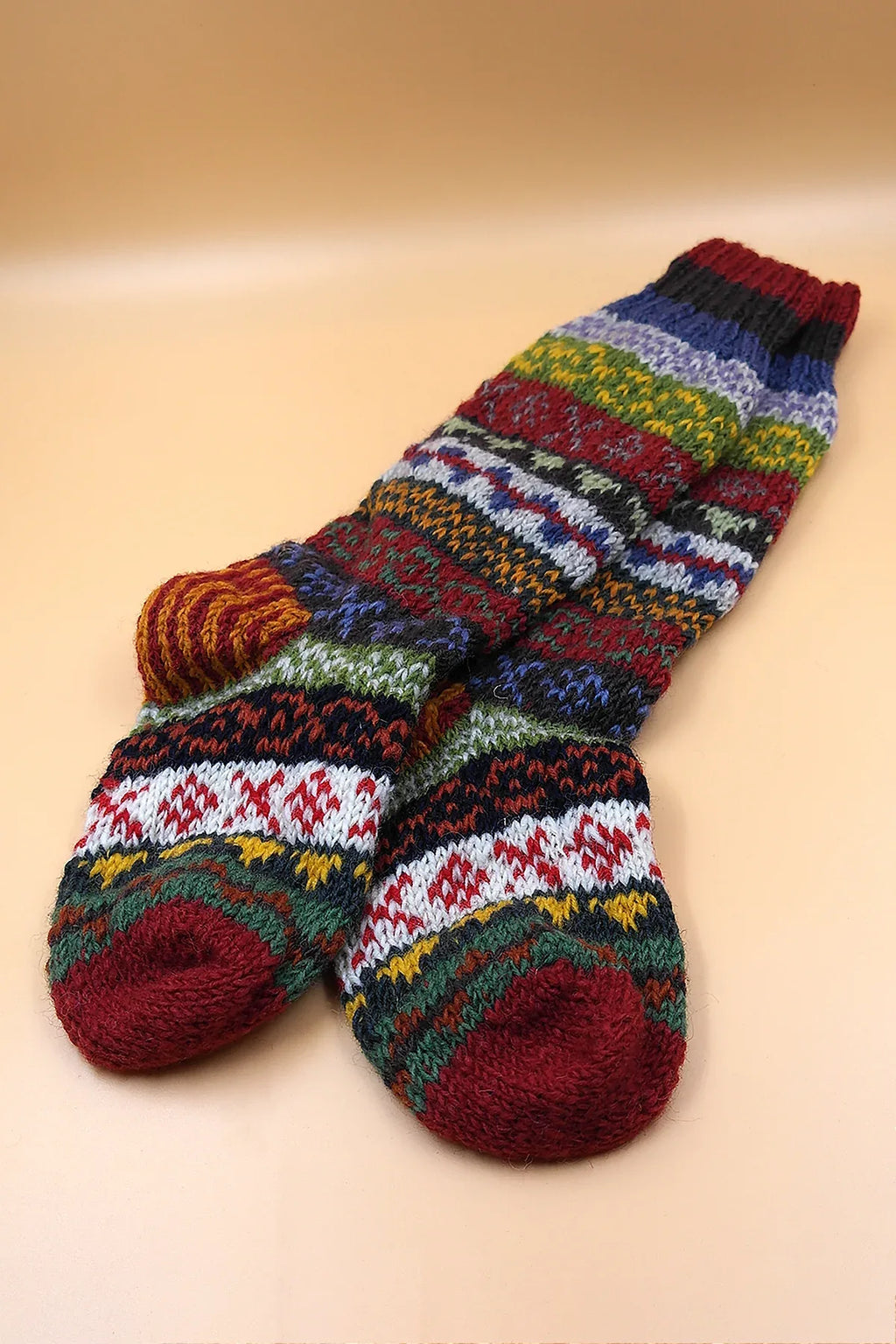 Maroon, blue, Green mixed color knitted Woolen Knee High Socks women - Vajracrafts