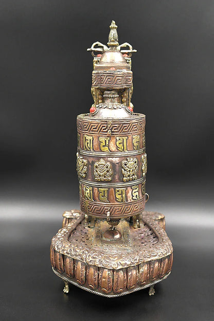 Tibetan Prayer Wheel with Eight Auspicious symbols in Stupa Frame - Vajracrafts