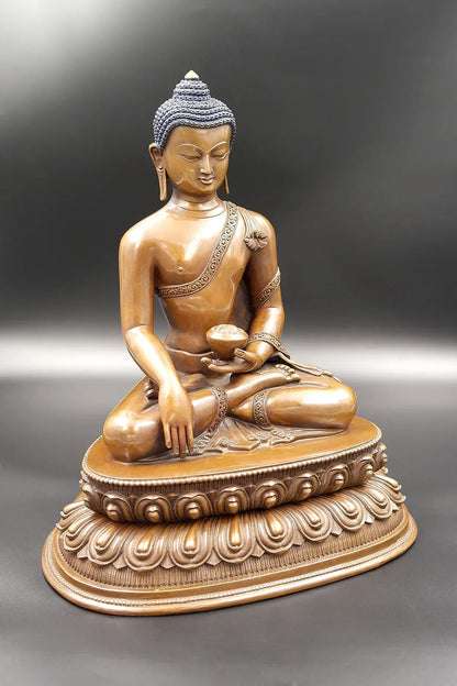 Antiqued Copper Shakyamuni Buddha Statue in double Lotus, 11" - Vajracrafts