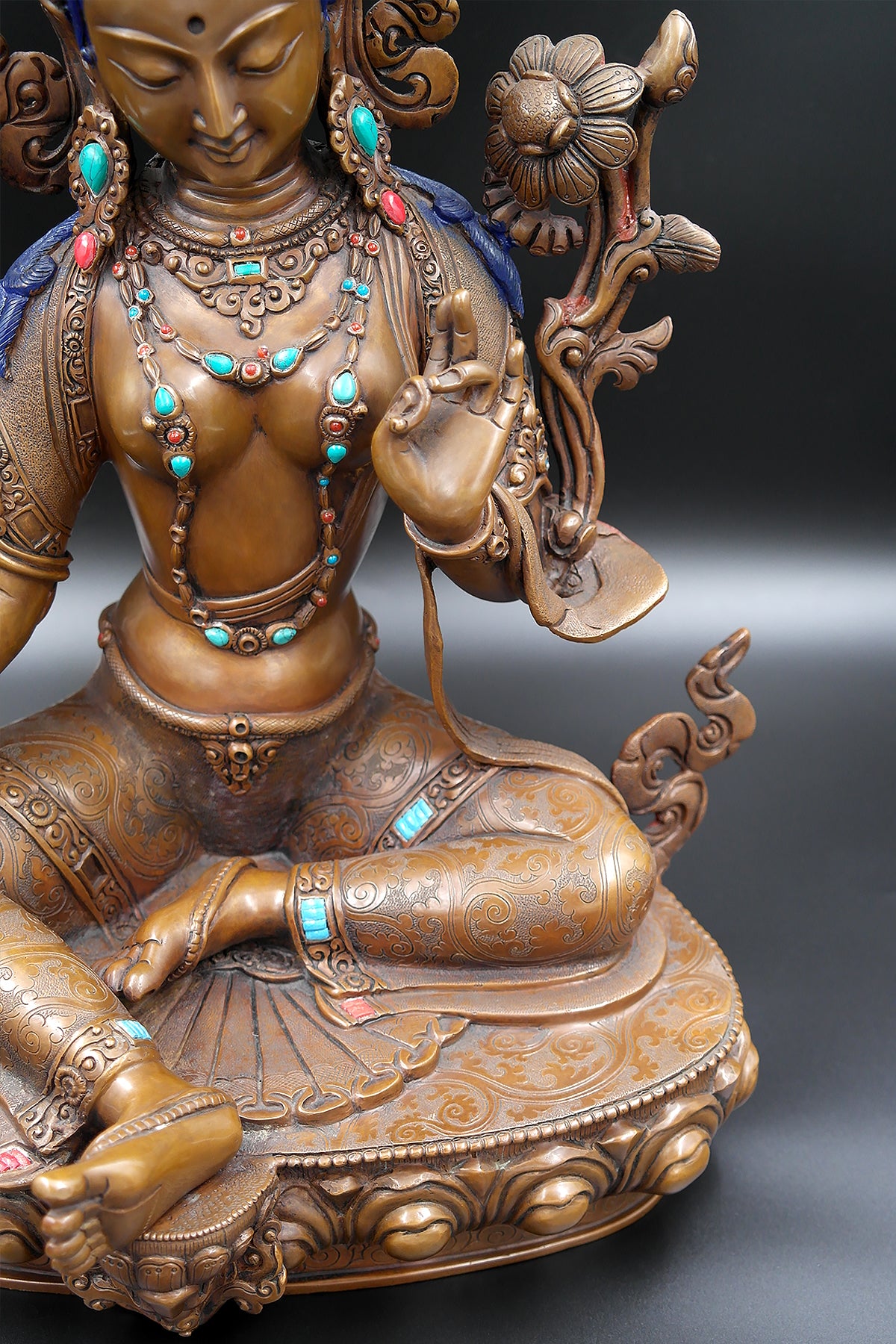 Jeweled Copper Green Tara Statue Top Quality, 15"