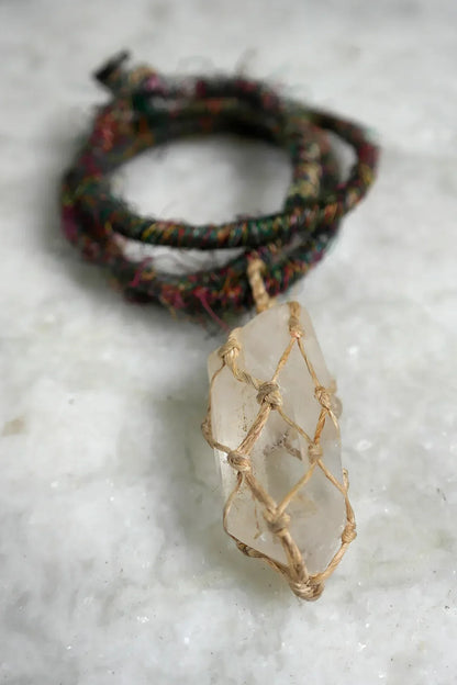 Clear Crystal Stone Pendant Necklace with Silk Cord - Vajracrafts
