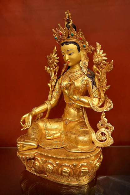 Fully Gold Plated Green Tara Statue from Boudha 16" - Vajracrafts
