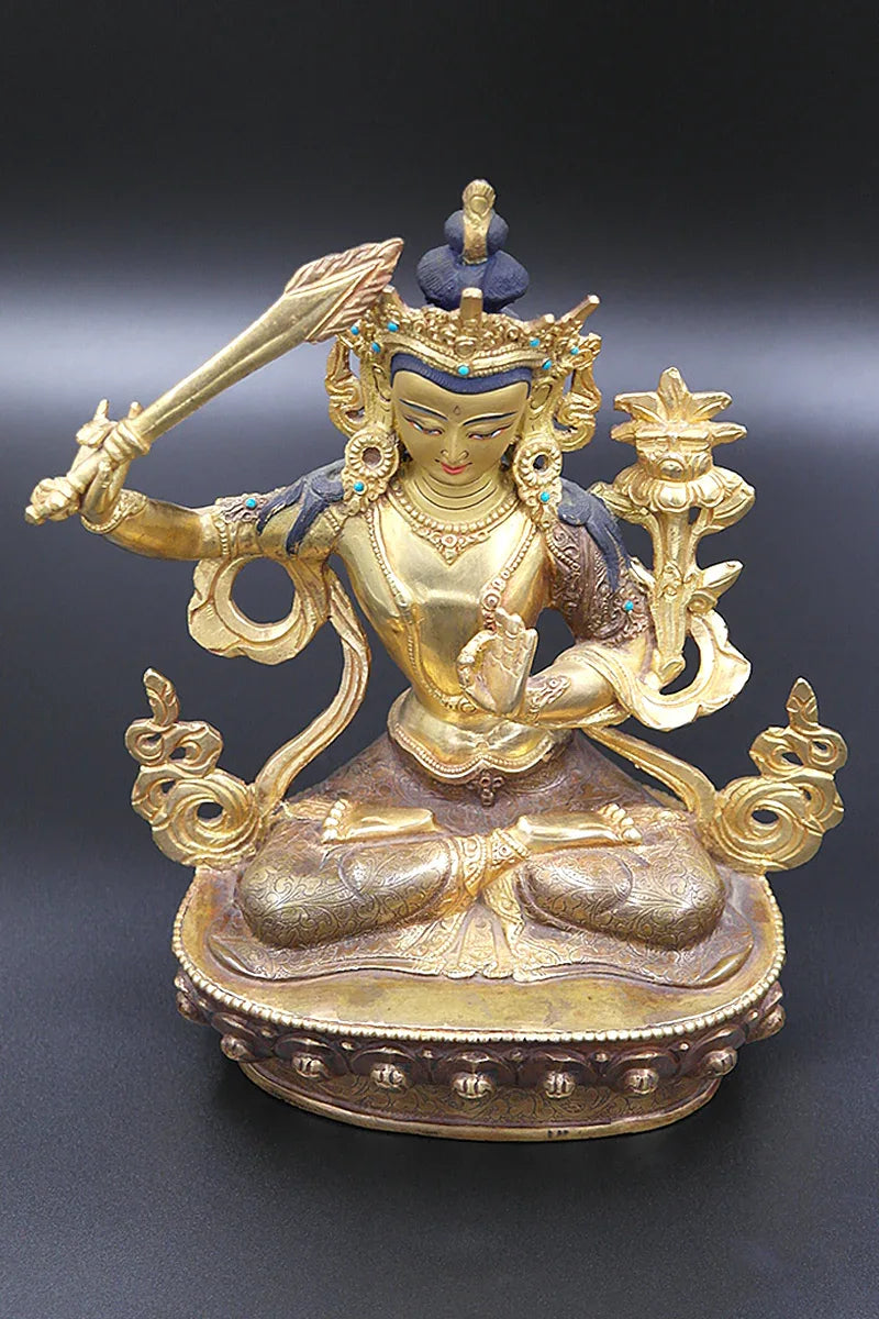 Partly Gold Plated Manjushree Statue from Nepal, 8" - Vajracrafts