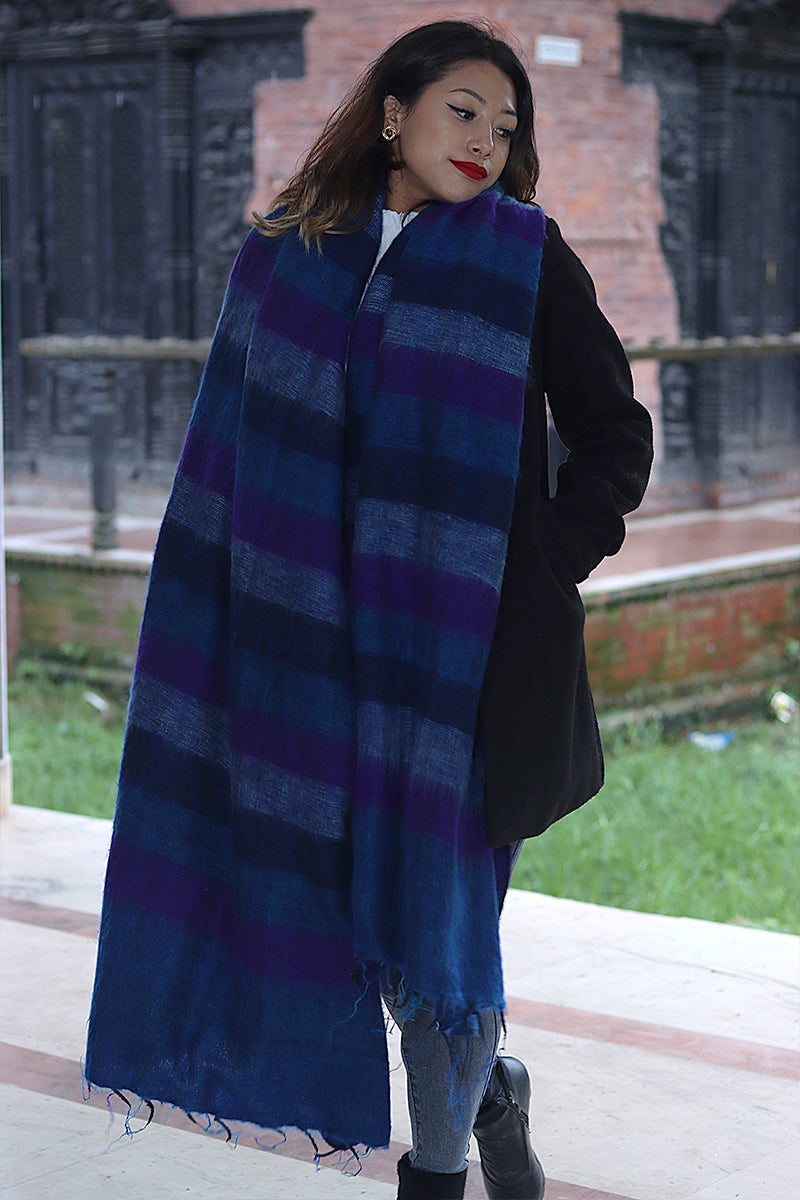 Deep Blue, Purple mixed Yak Wool Blanket, Oversized Scarf