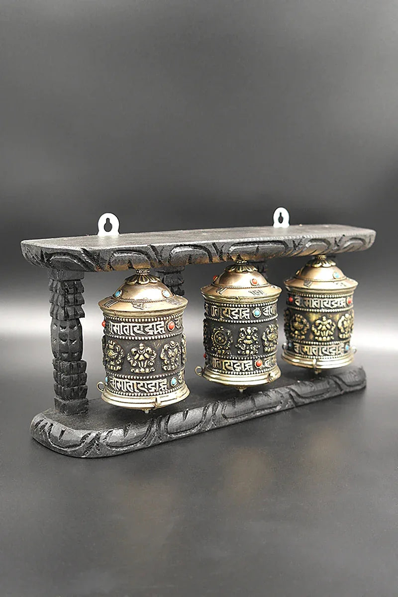 Tibetan Buddhist Prayer Wheels in Wooden Frame - Vajracrafts
