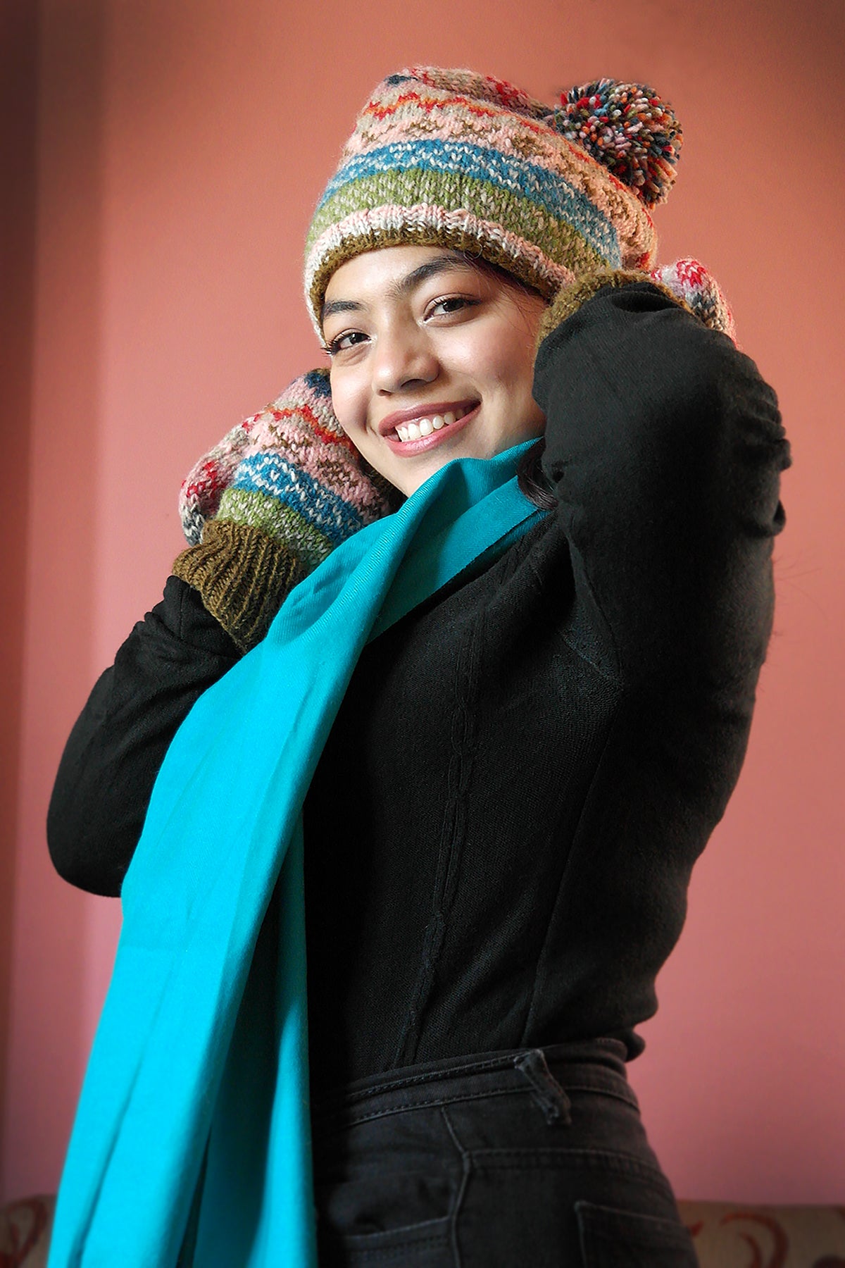 Womens Knit Winter Warm Pom Pom Beanie Hat Olive Green and Pink