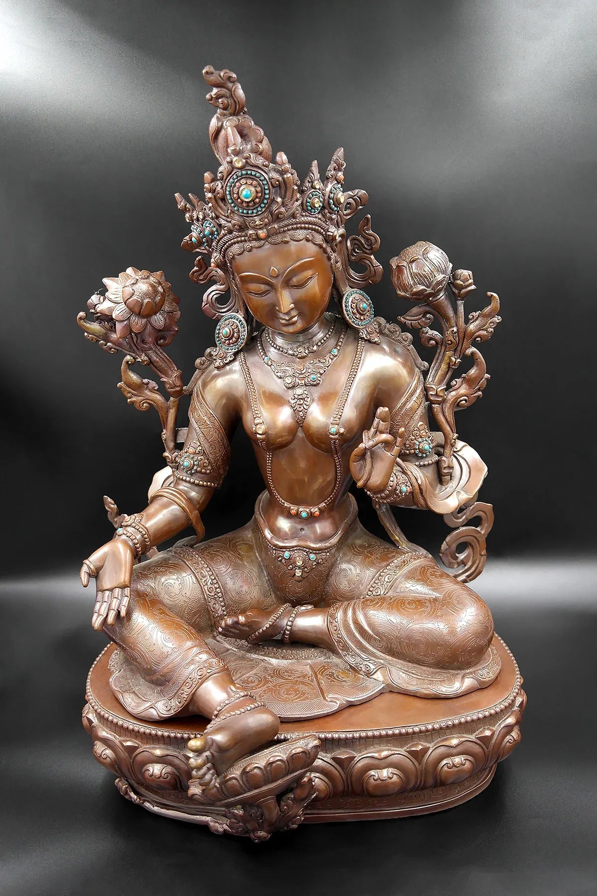 Copper Oxidized Green Tara Statue from Patan 20" - Vajracrafts