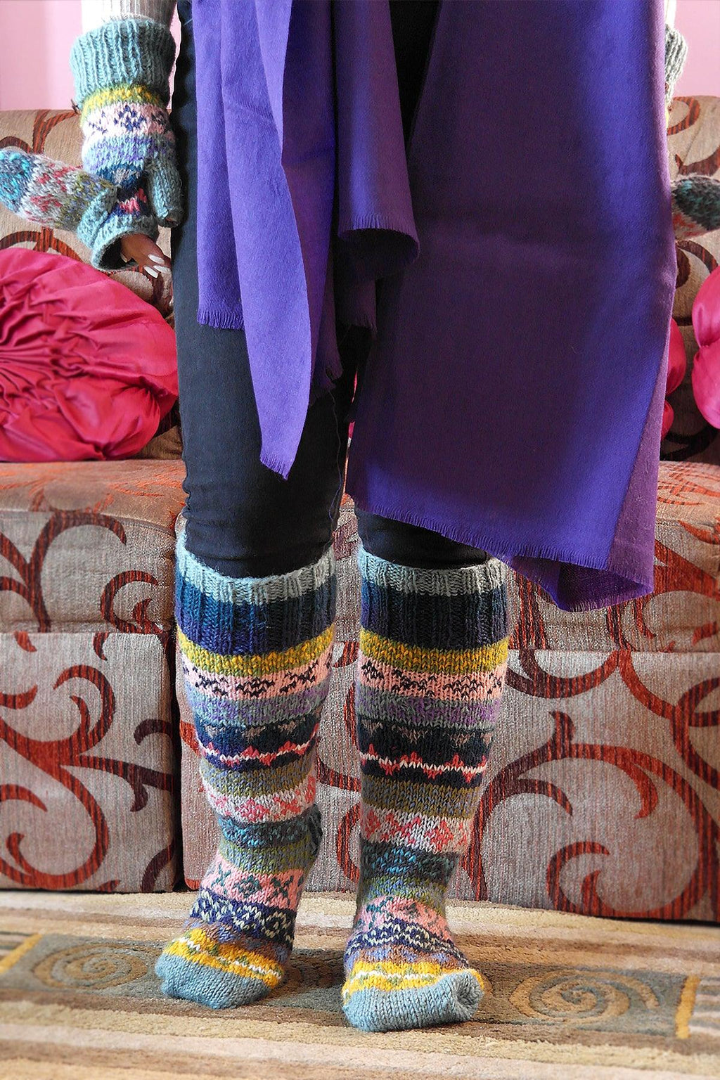 Blue Pink Yellow mixed color Woolen Knee High Socks - Vajracrafts