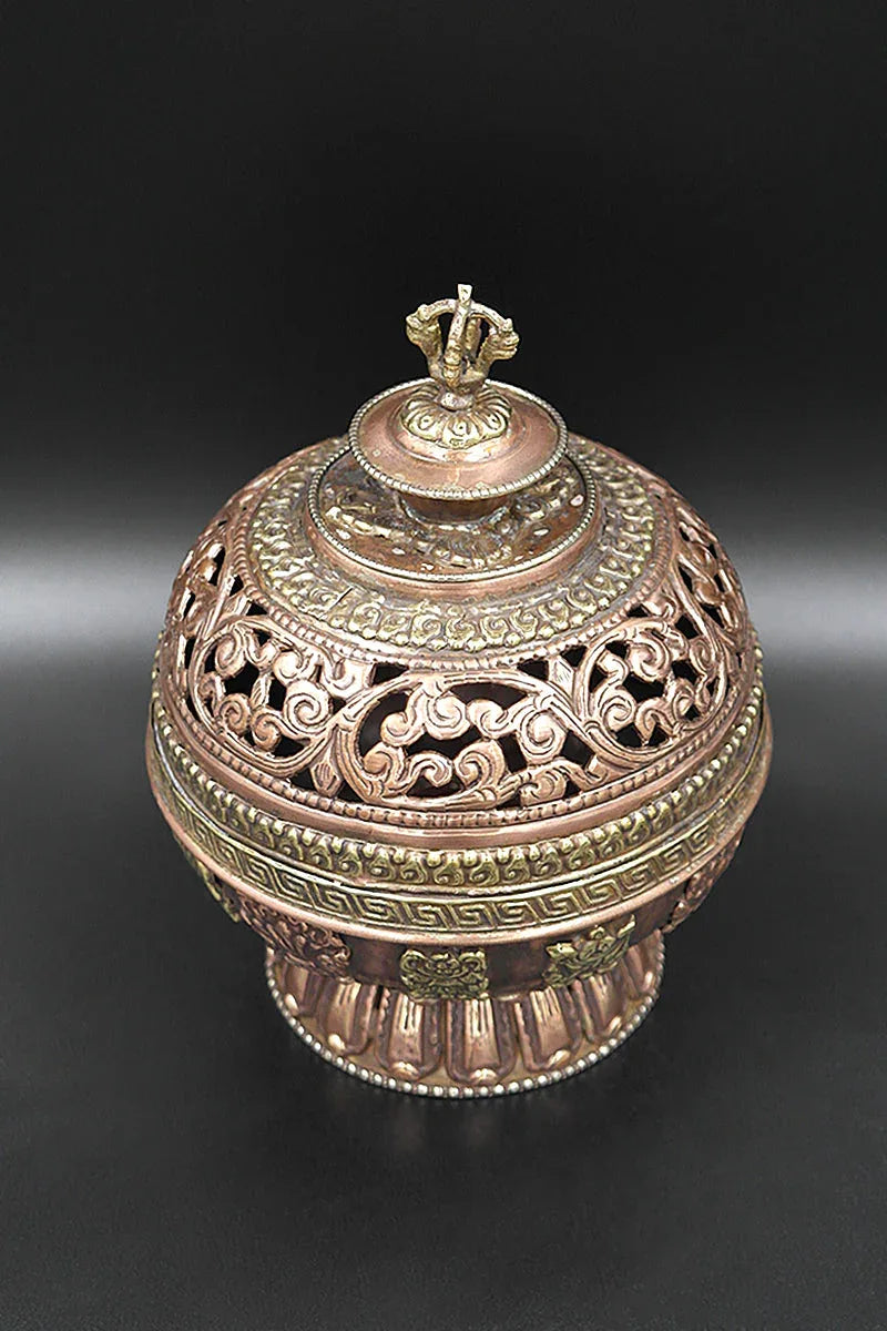 Eight Auspicious Symbols Round Shaped Copper Incense Burner - Vajracrafts
