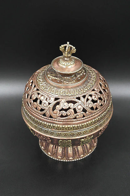 Eight Auspicious Symbols Round Shaped Copper Incense Burner - Vajracrafts