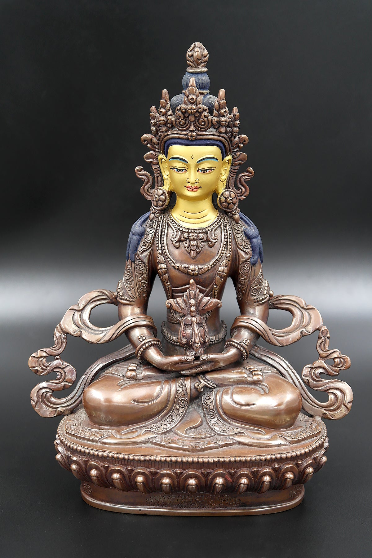 Copper Oxidized Buddhist Aparmita or Amitayus Statue 8"