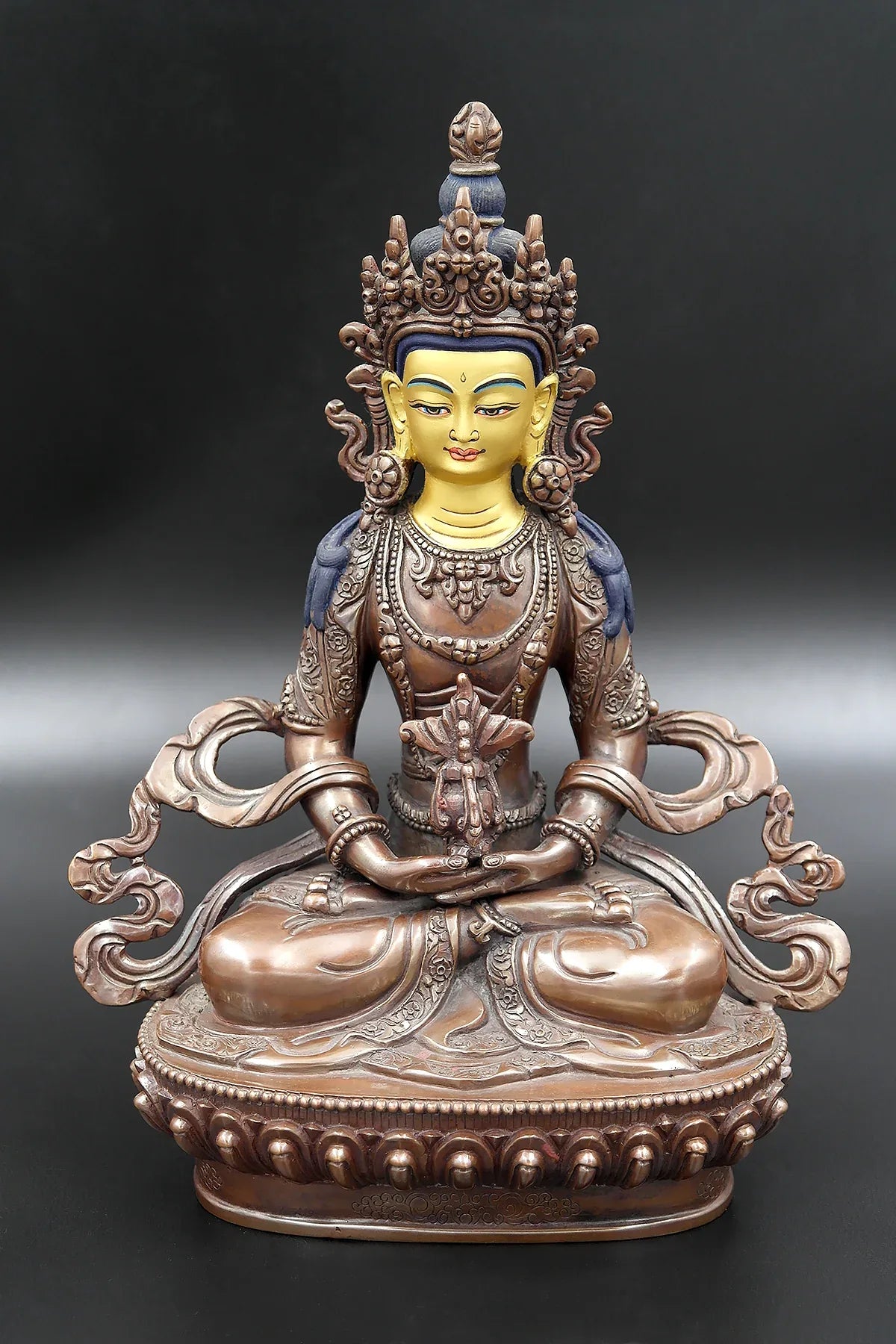 Copper Oxidized Buddhist Aparmita or Amitayus Statue 8" - Vajracrafts