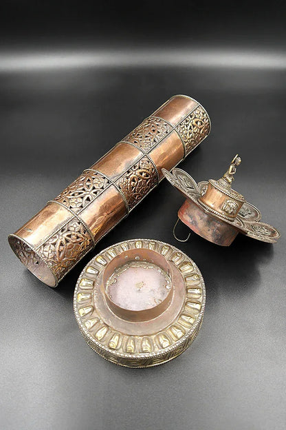 Cylindrical Shape Copper incense burner with Buddha on top 13.5" - Vajracrafts