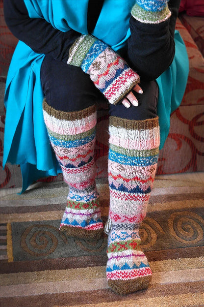 Pink and Olive Green mixed color Woolen Knee High Socks - Vajracrafts