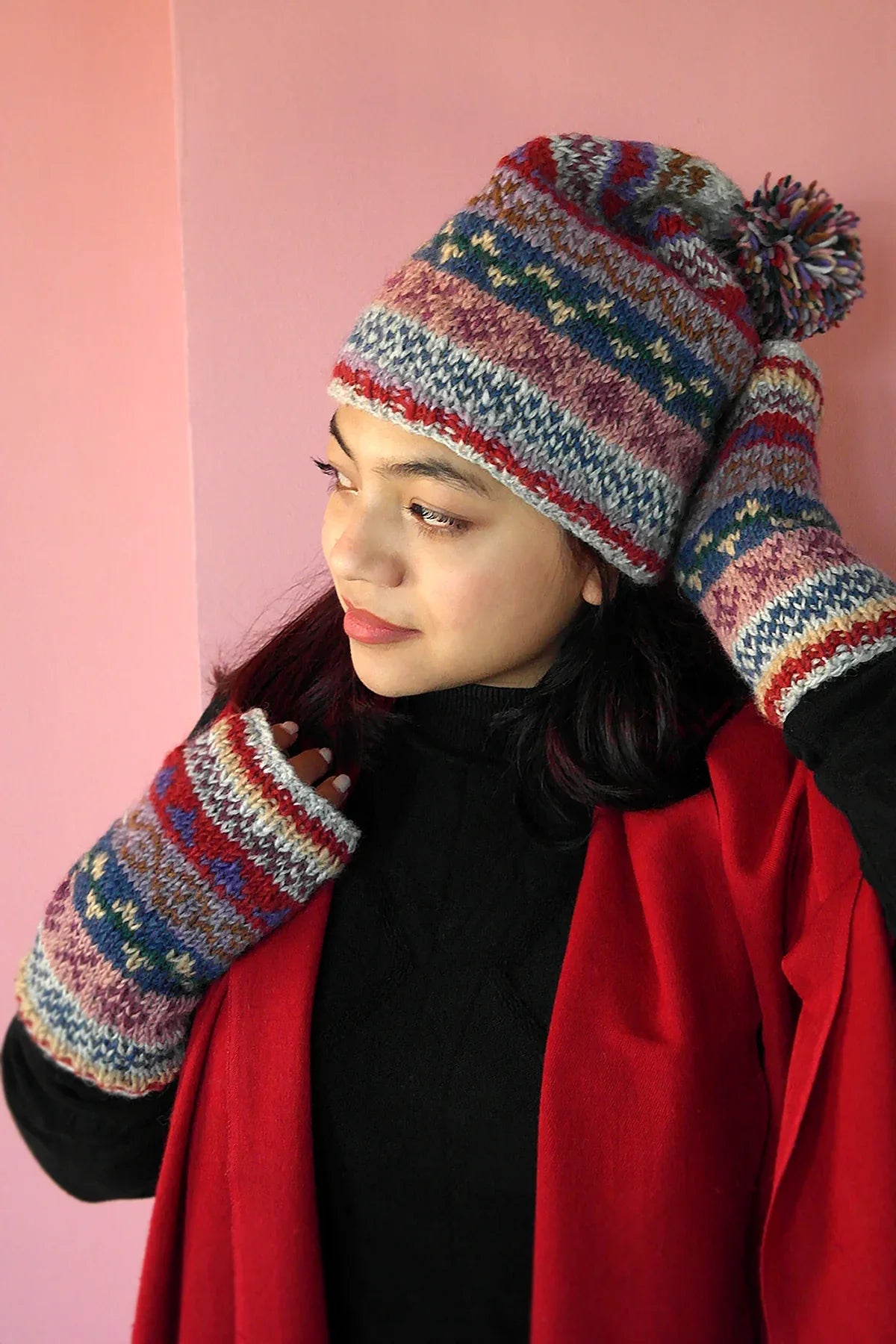 Womens Knit Winter Warm Pom Pom Beanie Hat Grey Blue mixed - Vajracrafts