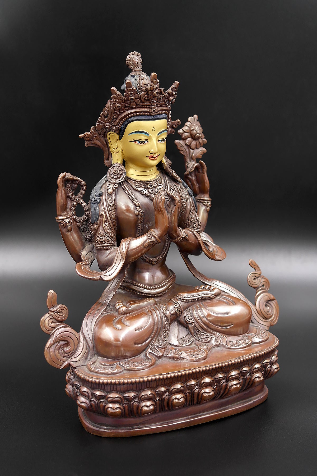 Copper Oxidized and Gold face painted Chenrezig Statue 8"