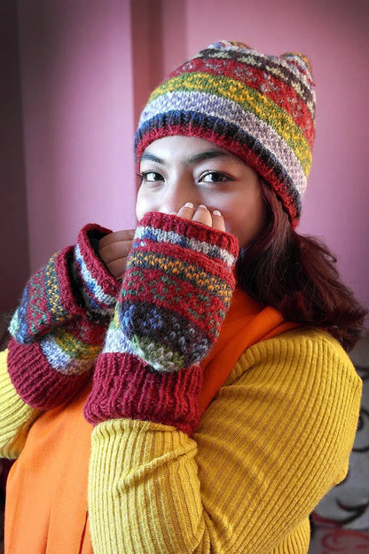 Red Green mixed colored woolen gloves/mittens - Vajracrafts