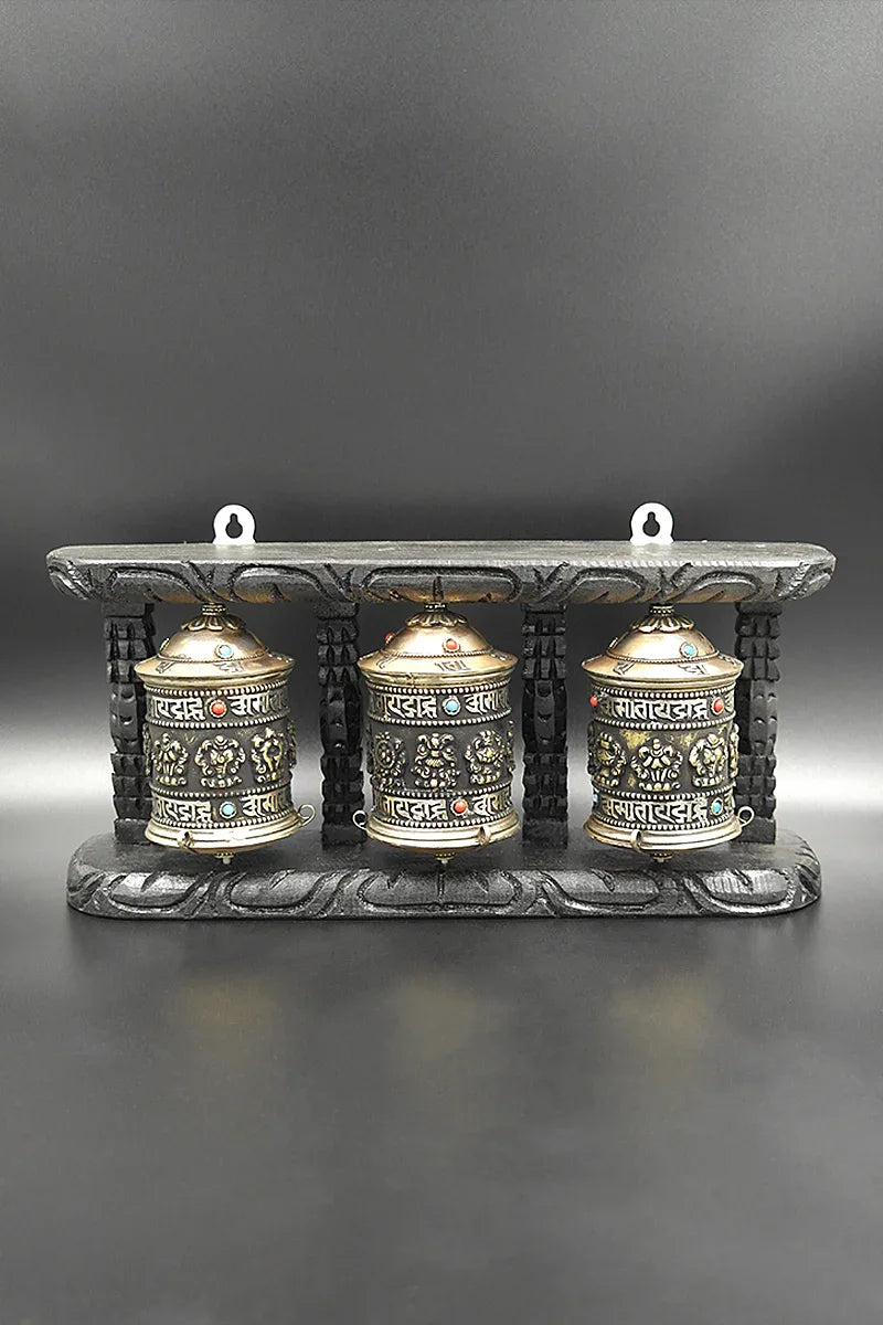 Tibetan Buddhist Prayer Wheels in Wooden Frame - Vajracrafts