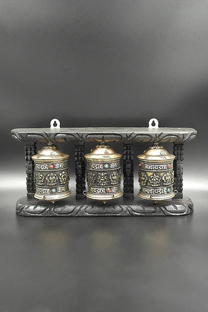 Tibetan Buddhist Prayer Wheels in Wooden Frame - Vajracrafts