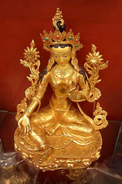Fully Gold Plated Green Tara Statue from Boudha 16" - Vajracrafts