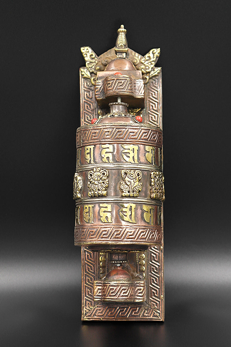 Buddhist Copper Prayer Wheel with wall mount