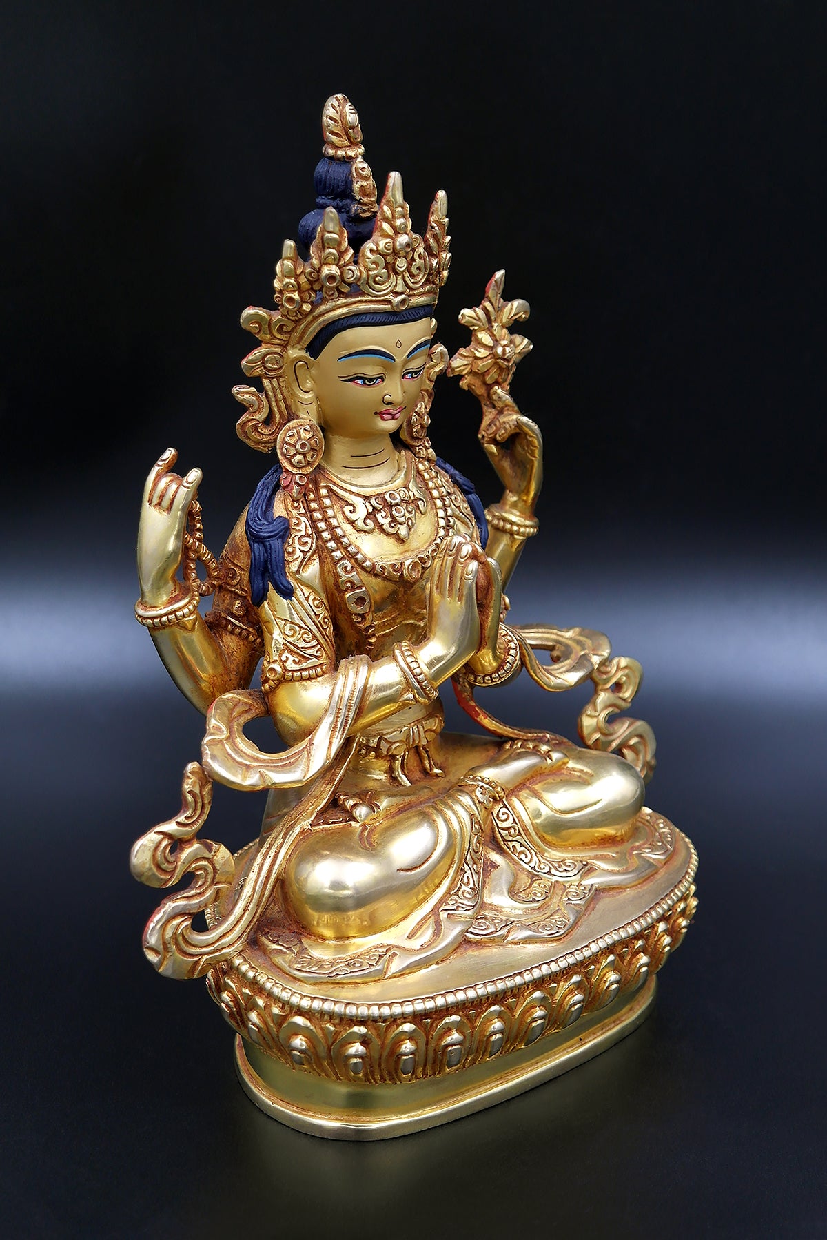 Fully Gold Plated Masterpiece Tibetan Chenrezig Statue 9"