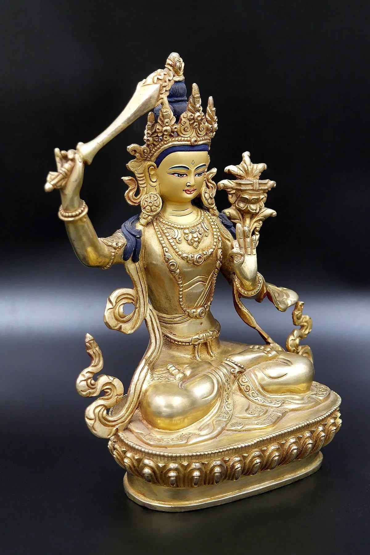 Gold Plated hand made Buddha Manjushree Statue from Nepal 9" - Vajracrafts