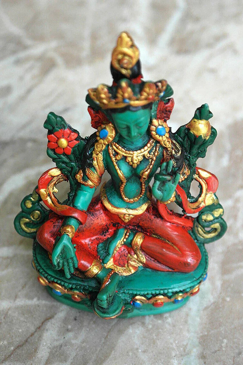 Hand Painted Tibetan Deity Green Tara Statue, 5" - Vajracrafts
