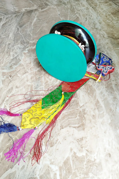 Tibetan Buddhist Ritual Chod Drum/Damaru with Yellow Brocade Cover - Vajracrafts