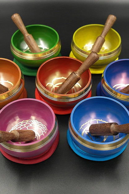 Seven Chakra Healing Singing Bowl Set From Nepal, 3.2" - Vajracrafts