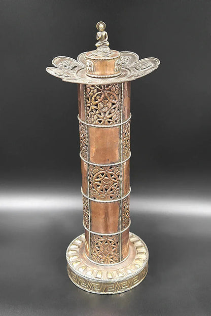 Cylindrical Shape Copper incense burner with Buddha on top 13.5" - Vajracrafts