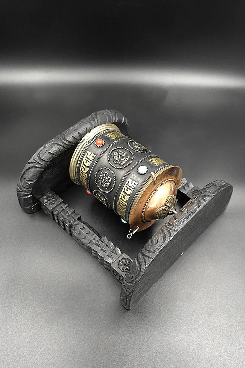 Eight Auspicious Symbols Buddhist Prayer Wheel in wooden frame - Vajracrafts