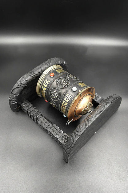 Eight Auspicious Symbols Buddhist Prayer Wheel in wooden frame - Vajracrafts