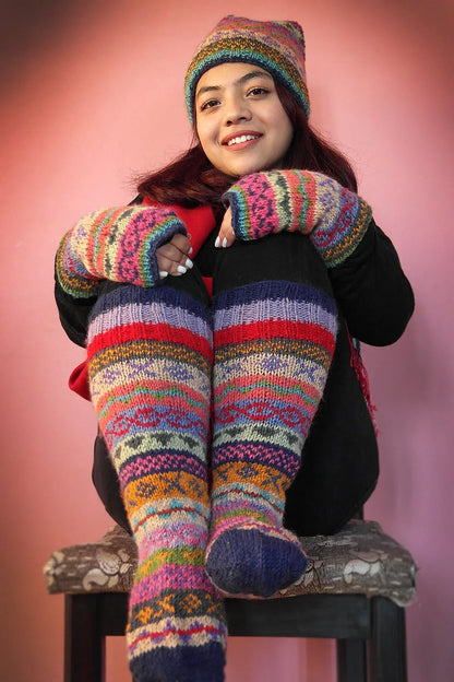 Blue pink and green mixed color Woolen Knee High Socks - Vajracrafts