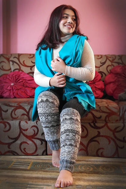 Brown grey mixed colors hand knitted woolen leg warmer - Vajracrafts