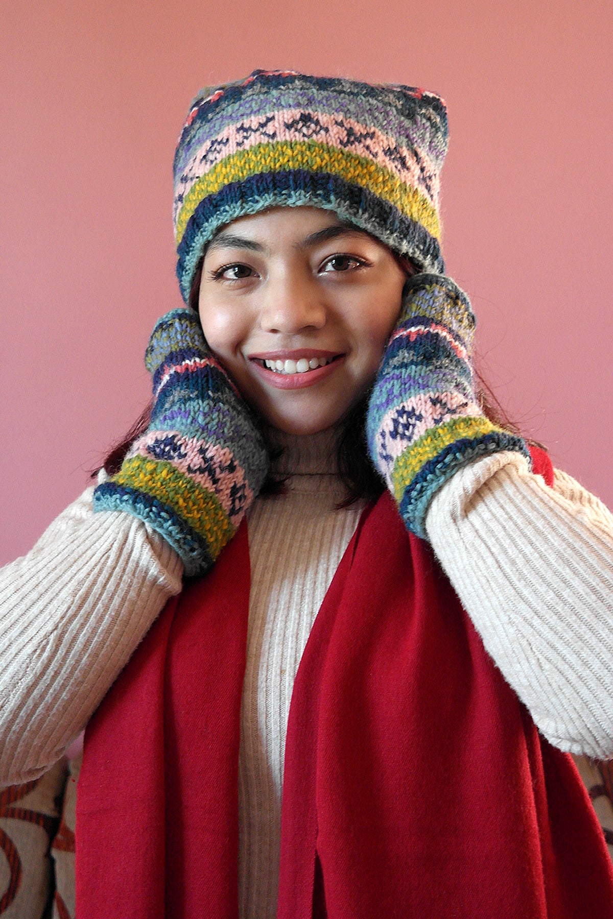 Hand Knitted Blue pink and Multi Colored Woolen Hand Warmers