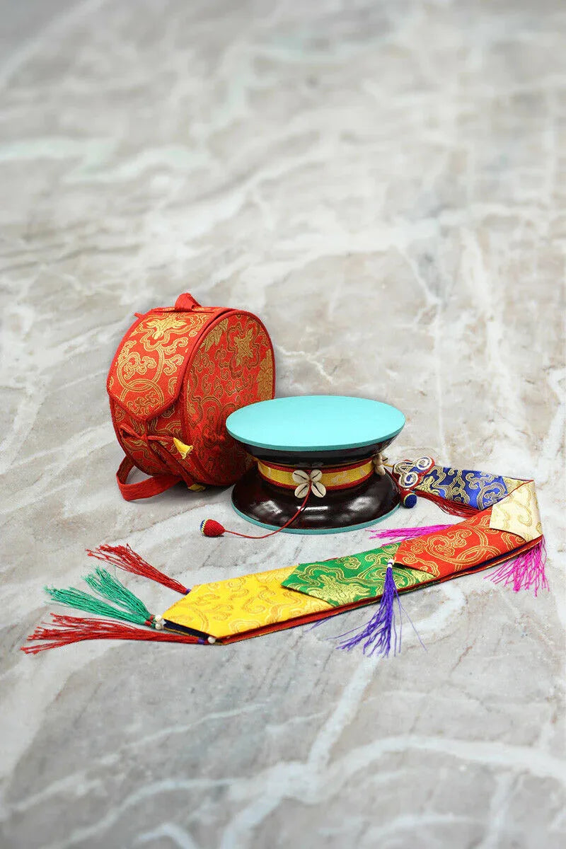 Tibetan Buddhist Handpainted Chod Drum/Damaru with red color cover - Vajracrafts