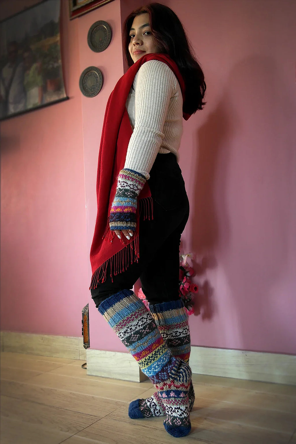 Blue Pink mixed color Woolen Knee High Socks - Vajracrafts
