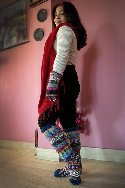 Blue Pink mixed color Woolen Knee High Socks - Vajracrafts