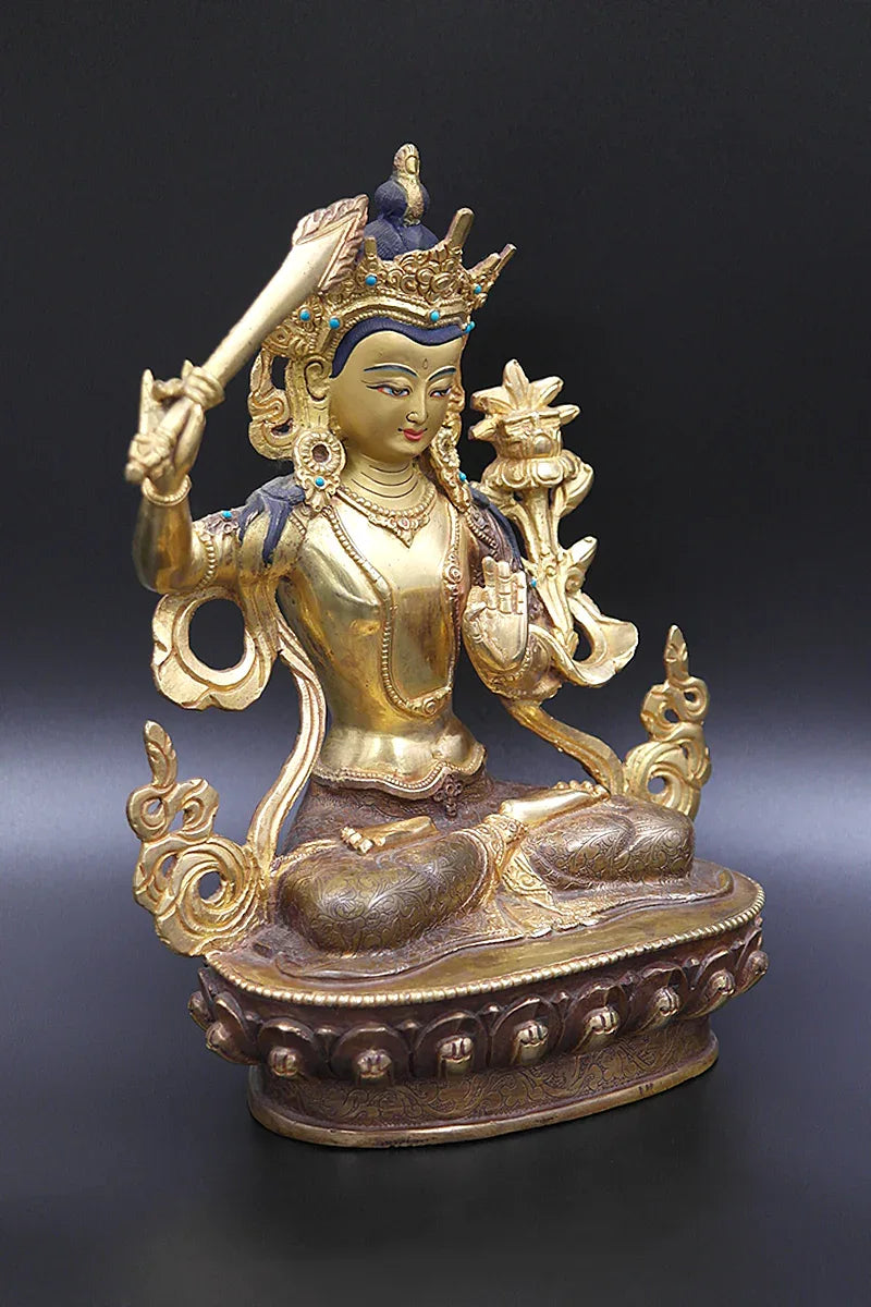 Partly Gold Plated Manjushree Statue from Nepal, 8" - Vajracrafts